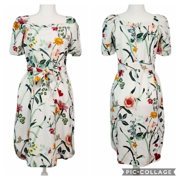 LOFT White Multicolor Floral Puff Sleeve Tent Linen Dress Size 0P Tie Waist - Picture 1 of 12